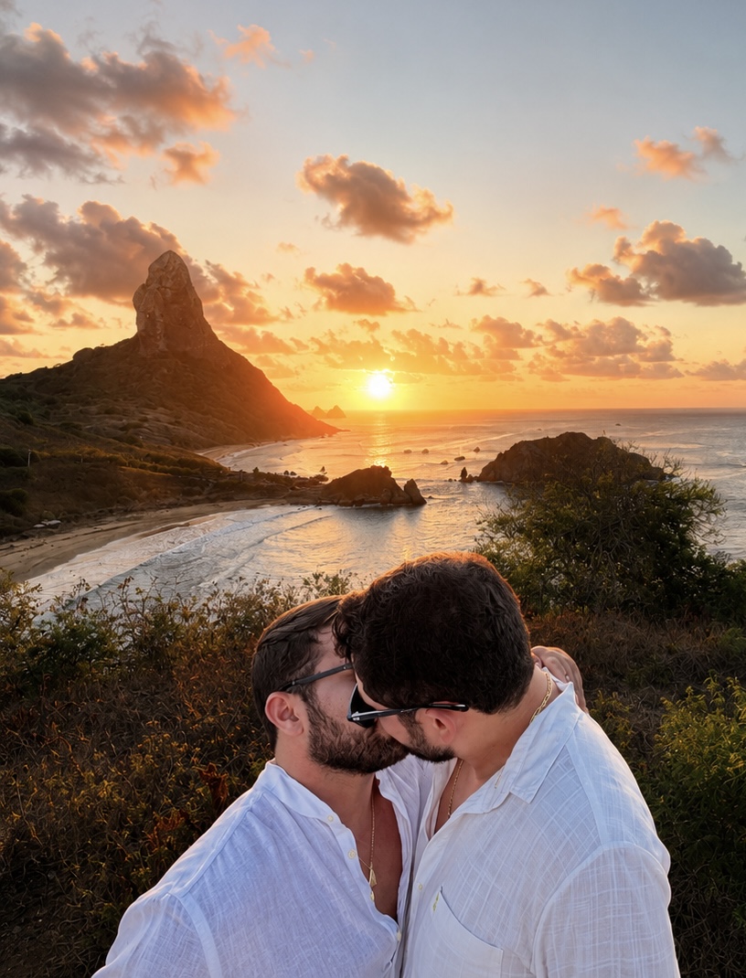 O casal se beijando ao pôr do sol em Fernando de Noronha
