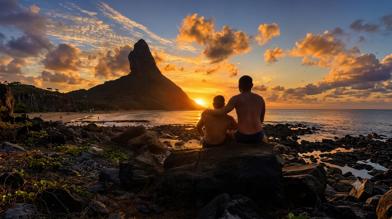 Nós dois sentados à beira do mar durante o pôr do sol
